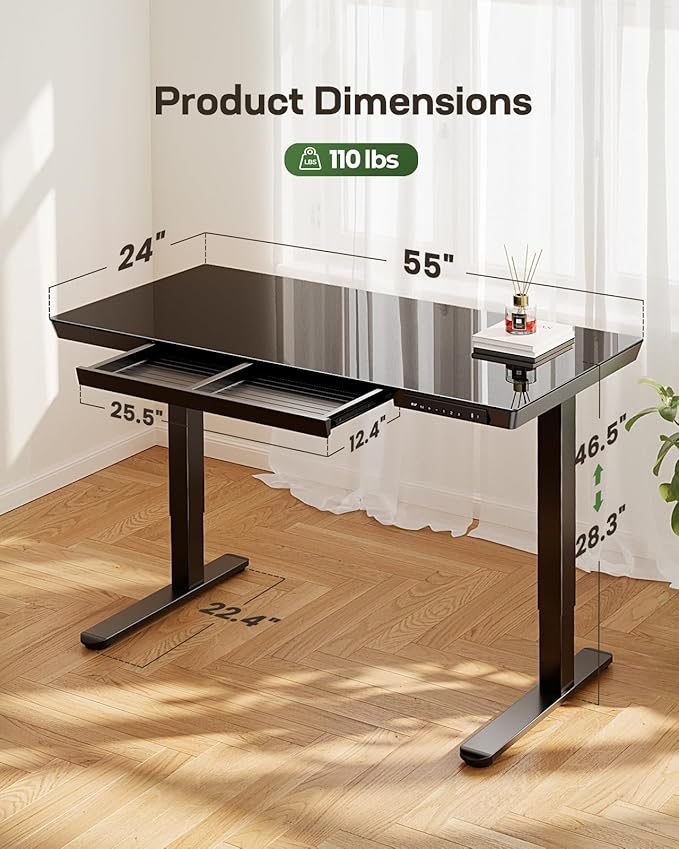 Marsail Glass Standing Desk with Drawer,55 x 28 inch Electric Standing Desk, Sit Stand Desk with One-Piece Tabletop & USB Charging Ports, Height Adjustable Desk with Storage for Home & Office Black