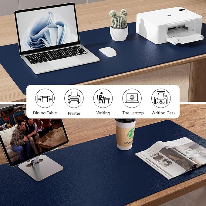 Aothia Leather Desk Pad Protector, Mouse Pad,Office Desk Mat, Non-Slip PU Leather Desk Blotter, Laptop Desk Pad, Waterproof Desk Writing Pad for Office and Home (Dark Blue,36" x 17")