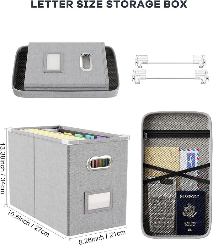 Oterri File Organizer with Lid, Hanging Filing Box with Mesh Pocket, Document Organizer for Letter Files, Portable Storage Box with Smooth Sliding Rail for Office & Home (1 PCS, Light Grey)