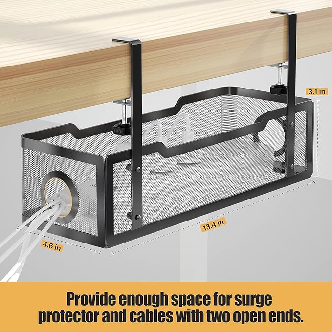 4 Pack Under Desk Cable Management Box Black, Cinati 53.6" Wire Organizers No Drill, Cord Organization Tray with Clamp for Office, Home - No Damage to Desk