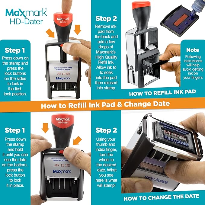 MaxMark Heavy Duty Self Inking Date Stamp with Phrase Deposited - 2 Color Blue/Red Ink