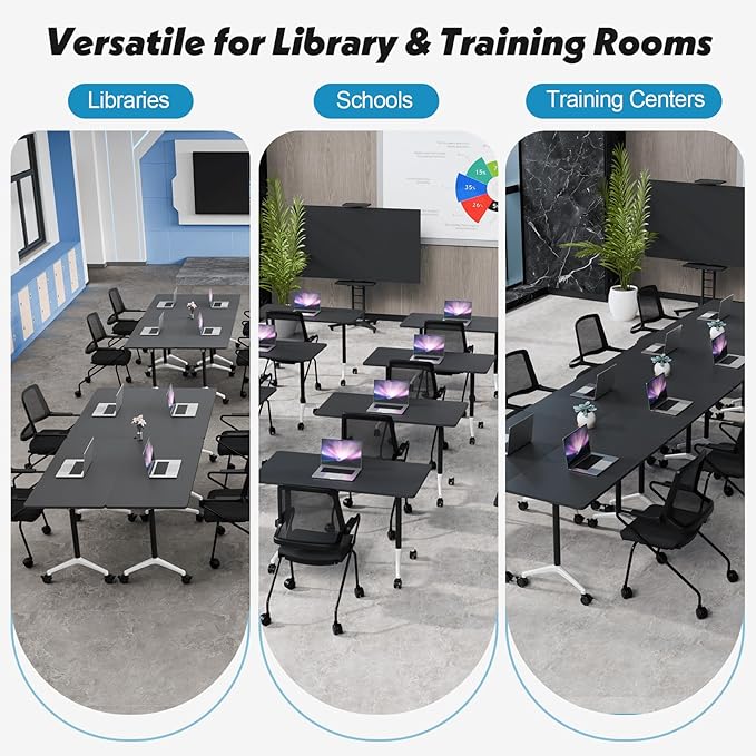Goakwwuz Conference Room Table, Folding Conference Tables,Thicken Grey Tabletop,Flip Top Wooden Seminar Meeting Room Table for Conference Room Offices (8, Black, 61.0“)