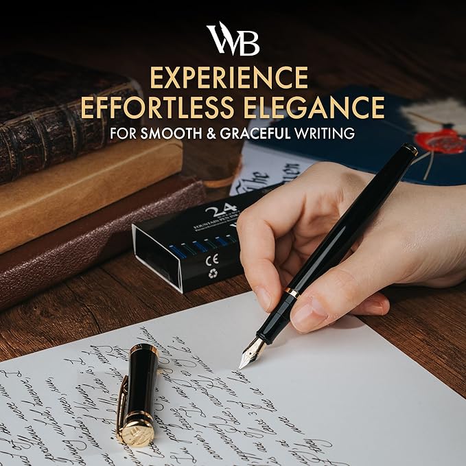 Wordsworth & Black Fountain Pen Set, 18K Gilded Fine Nib, Includes 24 Pack Ink Cartridges, Ink Refill Converter & Gift Box, Gold Finish, Calligraphy, [Black Gold], Perfect for Men & Women