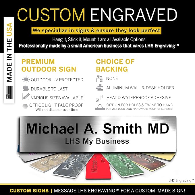 Door Name Plate Personalized for Office Brushed Steel Plastic Name Plate Black Letters - Made in USA 2x6 M1