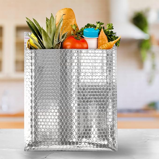 Amiff Silver Thermal Bubble Mailer, 24 x 20 Inches. 50 Pack Metallic Bubble Mailers. Self-Seal Insulated Mailers for Cold Shipping. Padded Envelopes Waterproof. Thermal Bag for Food, Cosmetics
