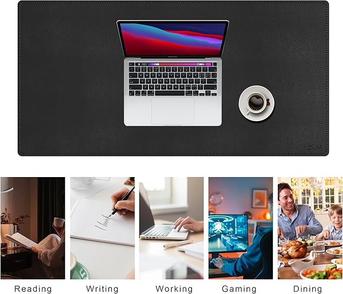 Mydours 36" x 16" Large PU Leather Desk Pad with Non-Slip Suede Base, Black Waterproof Mouse Pad, Spacious Surface for Keyboard & Laptop, Office Home Gaming Desk Protector, Easy Clean Smooth Cover