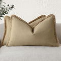 Foindtower Set of 2 Decorative Linen Fringe Throw Pillow Covers Farmhouse Cushion Cover with Tassels Lumbar Accent Pillowcase for Bed Couch Living Room Home Bedroom Decor,12×24 Inch,Light Khaki Taupe