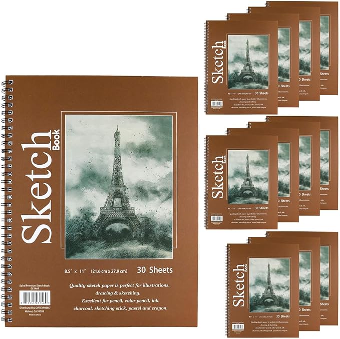 GIFTEXPRESS Pack of 12 Letter Size Sketch Book Bound Spiral Premium Sketch Pads Set, Pencil Sketch Book 30 Sheets Each, 8.5" X 11" Side Wire Bound, White Blank Paper Sheets for Pencil, Ink, Pastel
