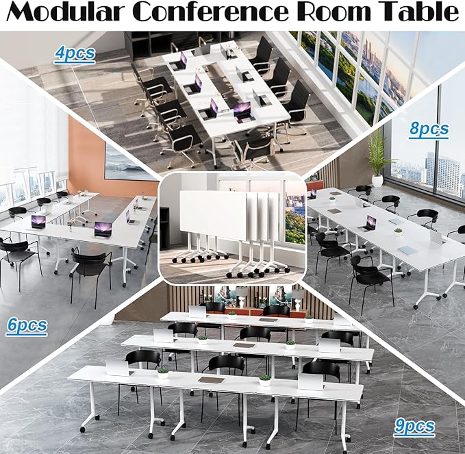 Conference Table Flip Top Mobile Conference Room Tables,Folding Conference Table with Wheels,Large Meeting Training Seminar Table Saving Space for Office Classroom (8, White, 70.8'')