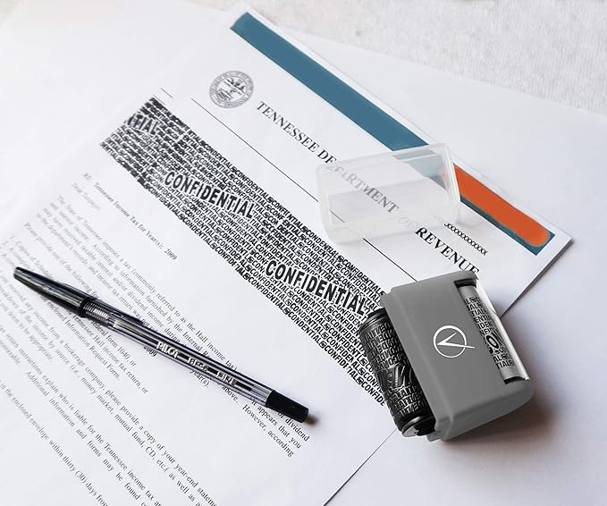 Vantamo Identity Theft Protection Roller Stamp for Hiding Sensitive Information, Wide Confidential Stamp with 6 Ink Refill, Security Stamp Roller for Identity Theft Prevention, Classy Gray