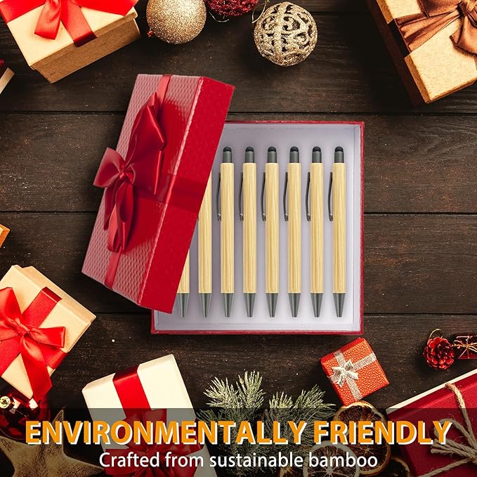 lyforx 100pcs Bamboo Pens Bulk with Touch Stylus Tip Wooden Bamboo Pens Engraving Wooden Ballpoint Pen Customizable Gift Pen Bulk Grey