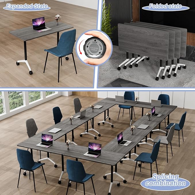 WYMHYZ Conference Table Flip Top Mobile Conference Room Tables,Folding Conference Table with Wheels,Large Meeting Training Seminar Table Saving Space for Office Classroom(6C,55.1'')