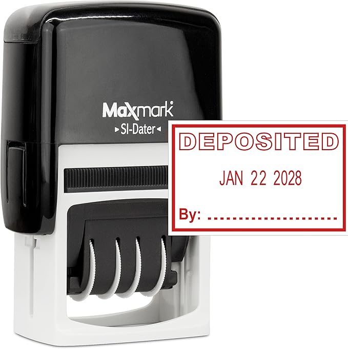 MaxMark Office Self Inking Date Stamp with Phrase Deposited - Red Ink
