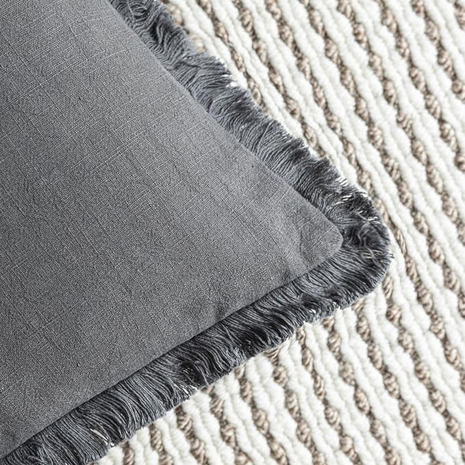 Foindtower Set of 2 Decorative Linen Fringe Lumbar Throw Pillow Covers Boho Farmhouse Cushion Cover with Tassels Soft Accent Pillowcase for Couch Sofa Bed Living Room Home Decor,12×20 Inch,Gray