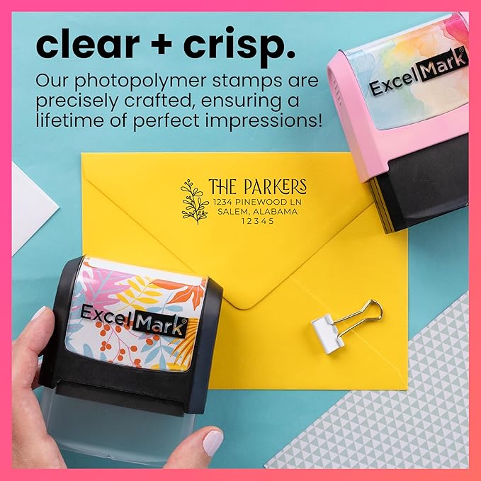 ExcelMark Address Stamp - Custom Return Address Stamp with Elegant Designs, Vibrant Colors & Patterns – Perfect for Mail, Invitations & Gifts (Peach Mount, Foliage Edge)