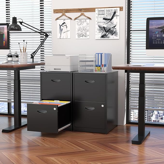 Kubohogar 2 Drawer File Cabinet with Lock,Black Metal Filing Cabinets,Vertical Locking File Cabinet Fit Hanging Files, Letter,File Box and A4 Documents (Black)