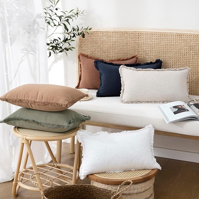 Foindtower Set of 2 Decorative Linen Fringe Throw Pillow Covers Cozy Boho Farmhouse Cushion Cover with Tassels Soft Accent Pillowcase for Couch Sofa Bed Living Room Home Decor,18×18 Inch,White