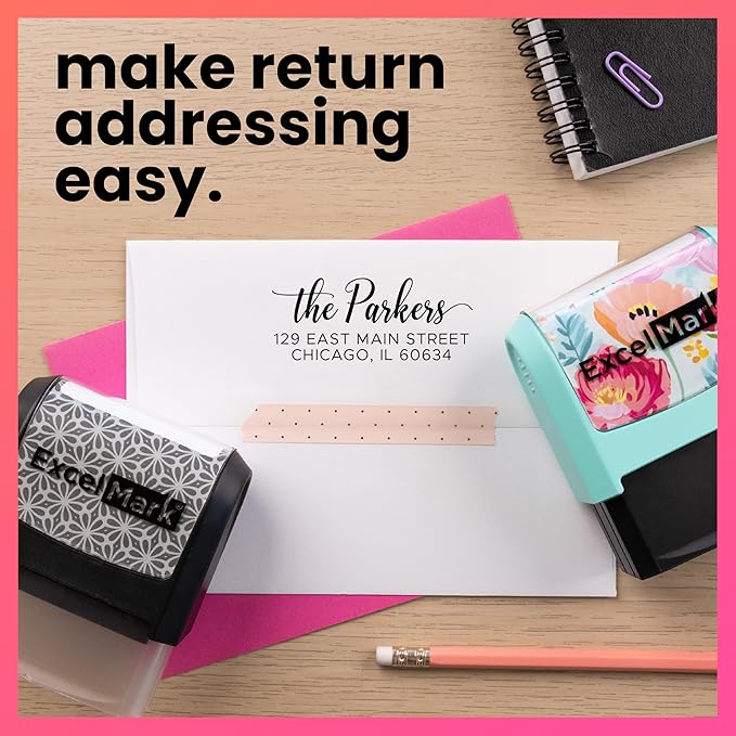 ExcelMark Address Stamp - Custom Return Address Stamp with Elegant Designs, Vibrant Colors & Patterns – Perfect for Mail, Invitations & Gifts (Seafoam Mount, Signature Script)