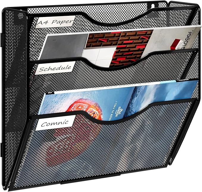 Solinxe Wall Hanging File Holder 3 Tier Wall Mounted Paper Organizer Magazine File Holder Storage Organizer, Black