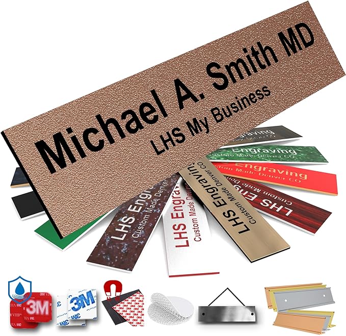 Engraved Name Plates for Door Sign Personalized Textured Copper Plastic Plaque with Black Letters - Made in USA 2x8 M2