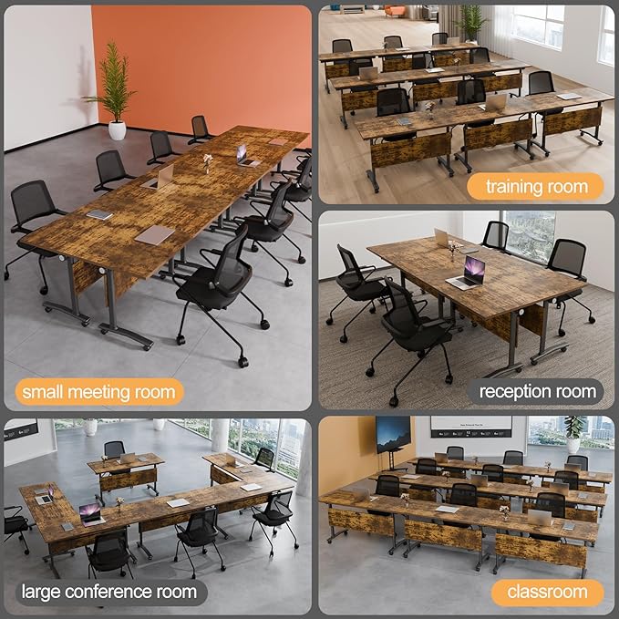 Folding Conference Table 4ft 5ft, Foldable Office Meeting Desk for 6 People, Multiple Sizes Colors Mobile Conference Room Table for Training Room School Business Furniture (2, Brown, 71in)