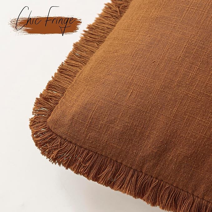 Foindtower Set of 2 Decorative Linen Fringe Throw Pillow Covers Cozy Boho Farmhouse Cushion Cover with Tassels Soft Accent Pillowcase for Couch Sofa Bed Living Room Home Decor, 18×18 Inch, Orange