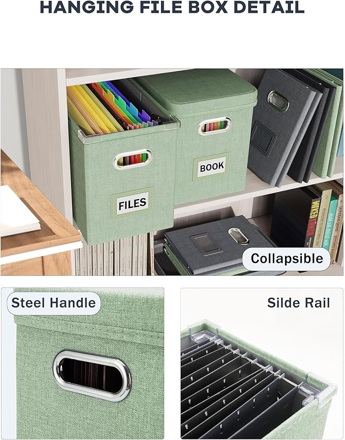 Oterri Hanging Filing File Box with Mesh Pocket, File Organizer Box with Lid, Collapsible Document Organizer Box for Letter Size, Easy Slide Durable Storage Box for Office/Decor/Home (2 PCS, Green)