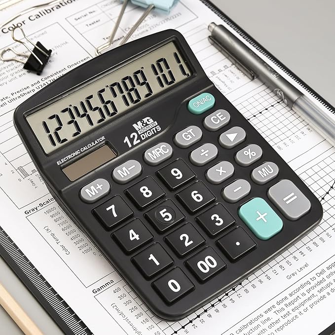 M&G Desk Calculator 12 Digit Office Calculators with Large LCD Display, Dual Solar Power and Battery, Recessed Big Button Calculator for Office Home (Black, Pack of 5)