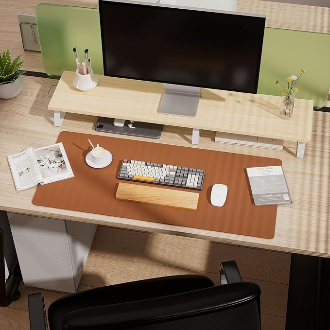 Aothia Double-Sided Desk Pad, 37.8"x17" Leather Desk Mat, Eco Cork Desk Pad Protector,Large Mouse Pad,Waterproof Desk Blotter for Office/Home(Brown)