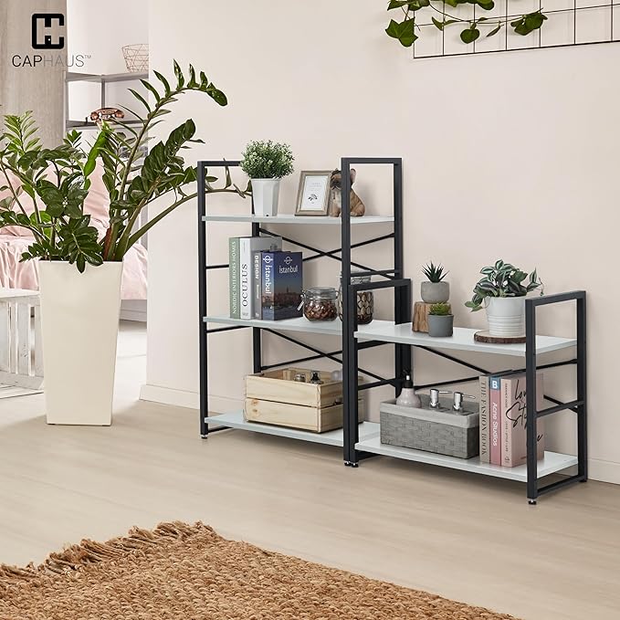 CAPHAUS 2 Tier Small Bookshelf, 24 Inch Width Free Standing Shelf, Bookcase Shelf Storage Organizer, Industrial Book Shelves for Home Office, Living Room, White Shelves & Metal Frame