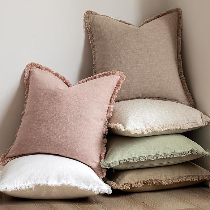 Foindtower Set of 2 Decorative Linen Fringe Throw Pillow Covers Boho Farmhouse Cushion Cover with Tassels Soft Accent Pillowcase for Couch Chair Sofa Bed Living Room Home Decor,16×16 Inch,Light Pink