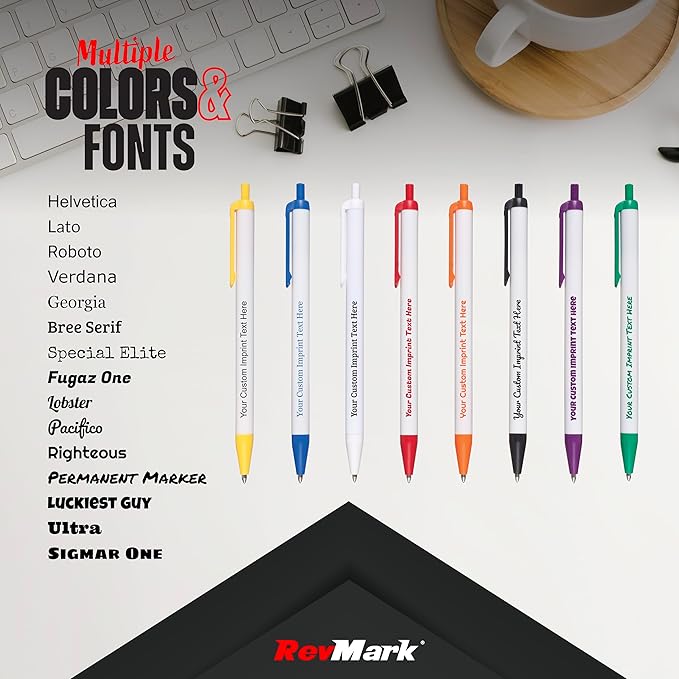 RevMark Personalized Ballpoint Pen, Custom Printed Name, Business or Event Information, Timeless Advertising, USA Made Pens, Promotional Marketing, Smooth Black Ink, Bulk Pack (White,500 Ct.)
