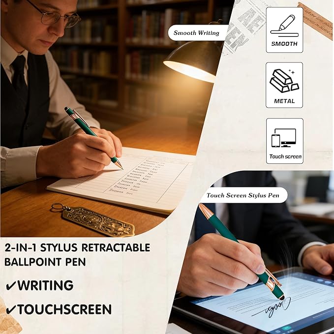 CRME Ballpoint Pen 2-in-1 Stylus Bulk Custom Pens Personalized Engraved Metal Pens with Name Soft Grip Ball Point Pen for Men Women Teacher Essentials Office Supplies Party Note-Taking Black