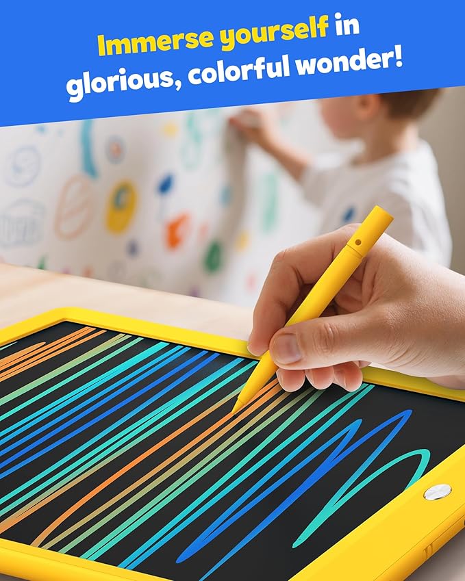 TEKFUN Toys for Girls Boys 10IN LCD Writing Tablet, Magic Doodle Board with Anti-Lost Stylus, Mess Free Coloring for Toddlers Drawing Pad, Toddler Travel Car Plane Trip Toys Gifts (Yellow)