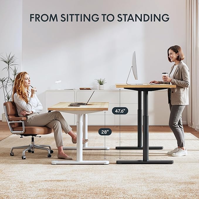 FLEXISPOT Bamboo Electric Standing Desk with Elegant Oval Legs & Curved Desktop, 60"x30" Height Adjustable Desk for Home Office & Living Spaces, White Frame