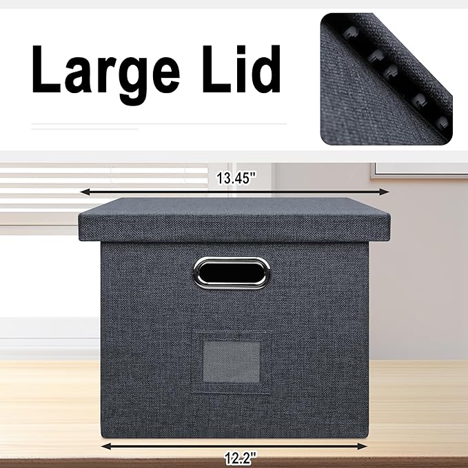4-Pack Modern Minimalist Dark Gray Collapsible Linen File Folder Box with Lid for Letter Size Hanging Files, Office Organization, General Storage