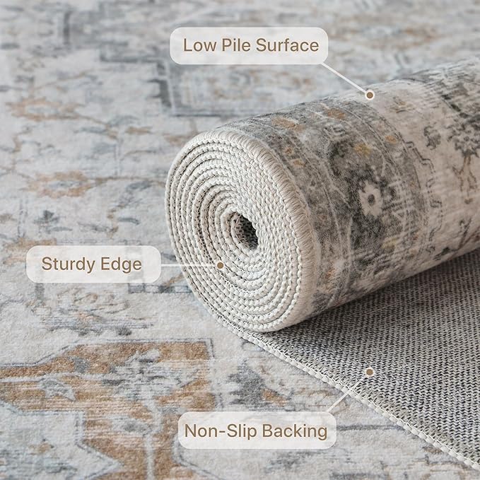 GENIMO 2'6''x14 Runner Rugs for Hallway, Machine Washable Non Slip Vintage Rugs, Low Pile Soft Chenille Print Rug for enrtyway, Corridor, Home Office,Light Taupe Brown