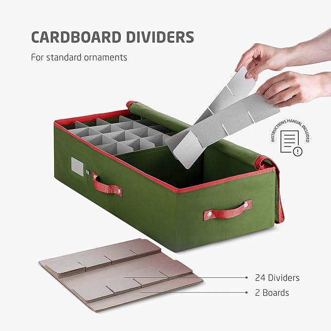 ZOBER Underbed Christmas Ornament Storage Box - Stores 64 3" Ornaments, With Dividers - Tear Proof 600D Oxford Fabric, Ornament Organizer Storage Box, Durable Christmas Containers Holder - Green