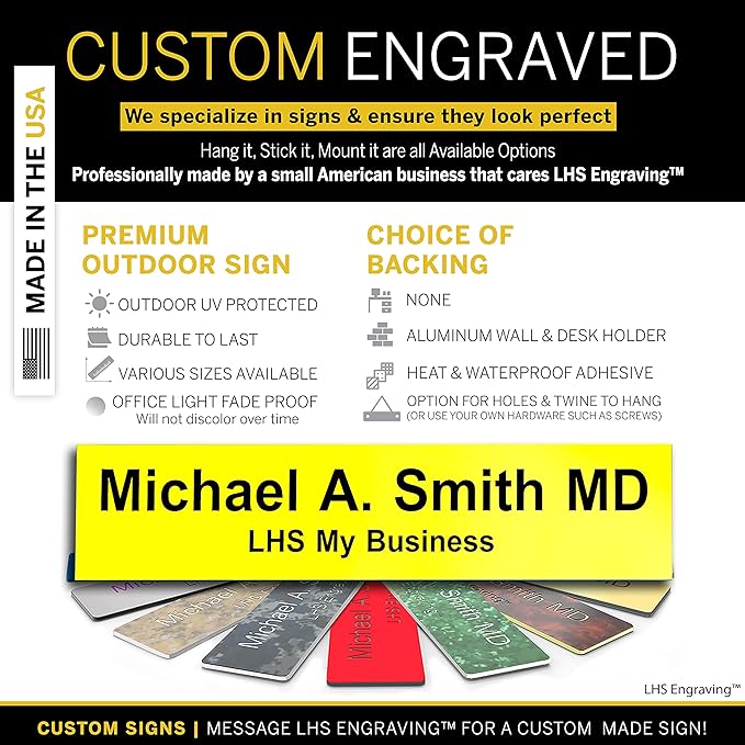 Door Name Plate Personalized for Office Yellow Plastic Name Plate Black Letters - Made in USA 2x12 B4