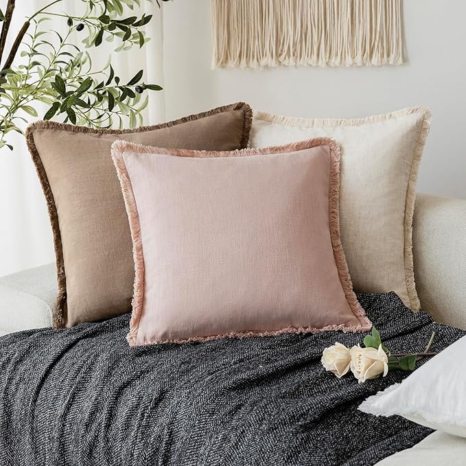 Foindtower Set of 2 Decorative Linen Fringe Throw Pillow Covers Farmhouse Cushion Cover with Tassels Lumbar Accent Pillowcase for Bed Couch Sofa Living Room Home Bedroom Decor,12×24 Inch,Light Pink