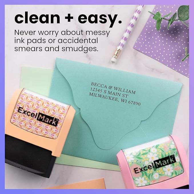 ExcelMark Address Stamp - Custom Return Address Stamp with Elegant Designs, Vibrant Colors & Patterns – Perfect for Mail, Invitations & Gifts (Pink Mount, Everyday Elegance)