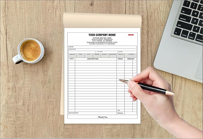 Custom Carbonless Invoice Book with Logo, Personalized Cover & Inner Pages, 2 Part NCR Receipt & Work Order Forms, Easy Tear, Writing Shield for Small Business (2-Part [White/Red], 8.3 x 5.5INCH)