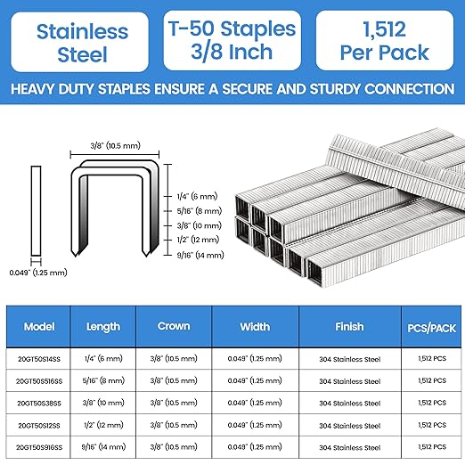 meite T-50 Stainless Steel Staples Marine, 3/8 Inch Heavy Duty Staples for Staple Gun - 1512 Counts, 20 Gauge 3/8 Inch Crown T-50 Upholstery Staple for Marine Applications