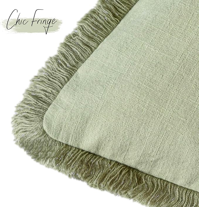 Foindtower Set of 2 Decorative Linen Fringe Throw Pillow Covers Cozy Boho Farmhouse Cushion Cover with Tassels Accent Pillowcase for Couch Sofa Bed Living Room Home Decor,26×26 Inch,Light Sage Green