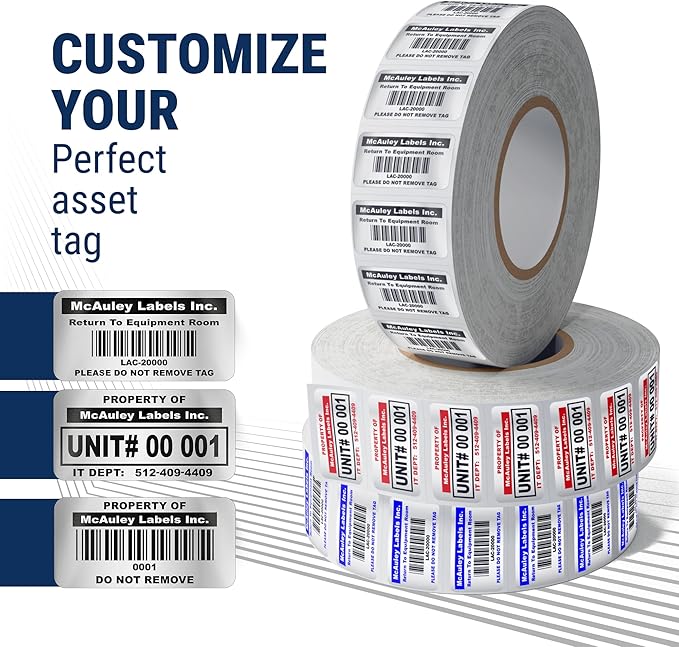 McAuley Labels Custom Asset Tags for Equipment – Numbered, Permanent, Adhesive, Metalized Silver Polyester - Barcode Label - 2x1 Inches