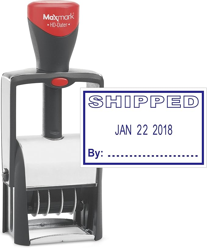 MaxMark Heavy Duty Self Inking Date Stamp with Phrase Shipped - Blue Ink