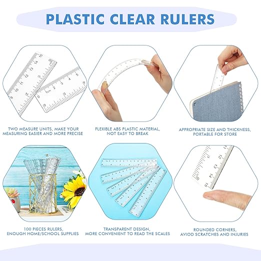 Zonon 500 Pcs 6 Inch Rulers Bulk Clear Plastic Flexible Straight Rulers with Inches and Centimeters First Day of School Gift for Students Back to School Office Supplies