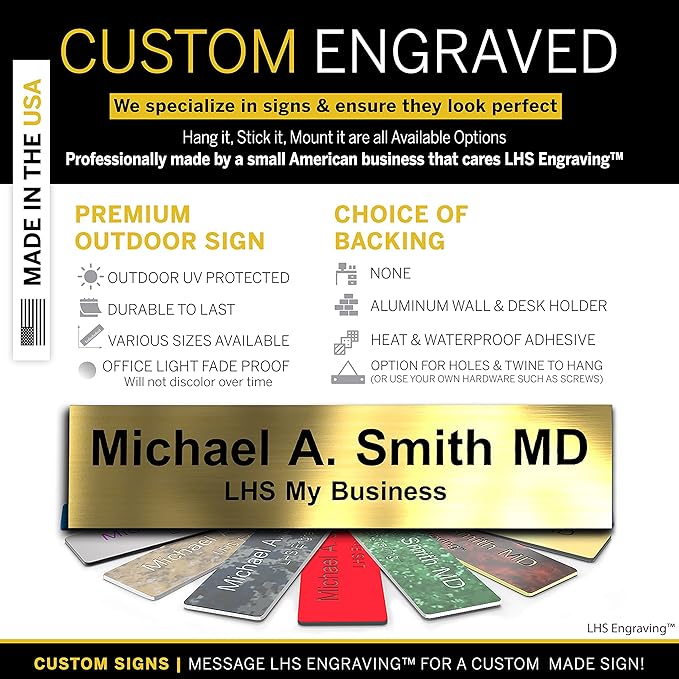 Engraved Name Plates for Door Sign Personalized Brushed Brass Plastic Plaque with Black Letters - Made in USA 2x4 M6