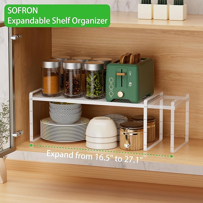 SOFRON Expandable Cabinet Storage Shelf Stackable Organizer Rack for Kitchen Bathroom Pantry Spice Cupboard Coffee Countertop Home Office Desk Heavy Duty Nonslip White Large 2 Packs