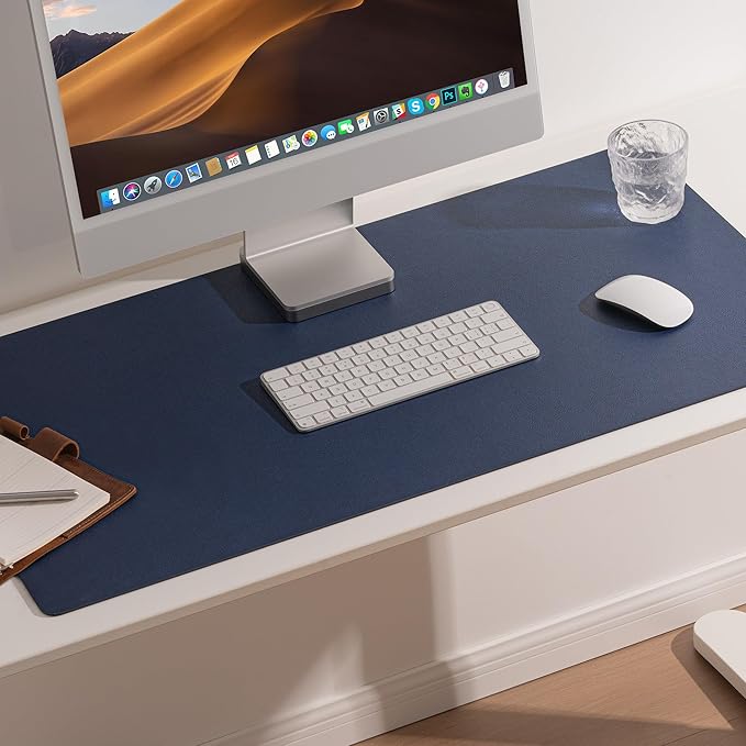 Nekmit Leather Desk Blotter Pad 36 x 20 Inches, Flat, Non-Slip, Waterproof, Blue